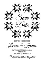 Save the date card template. Black and white wedding invitation. Minimalist design party invite. Vector illustration.