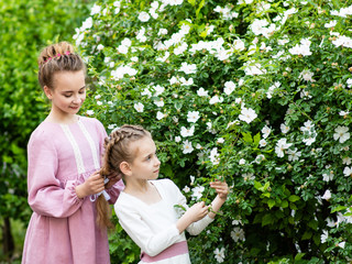 Obraz premium Girls walk in the park, sisters family walk, portrait of girls