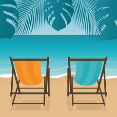 two deck chairs on the palm beach summer holiday vector illustration EPS10