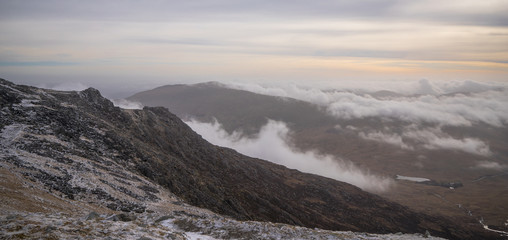 Welsh valley view of Snowdonia National Park in Wales with low cloud