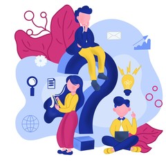 Flat illustration of office employees isolated on a white background. Stock illustration of thinking characters. Flat illustration of two guys and a girl in the process of work. 