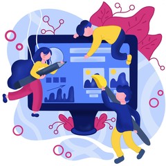 Flat illustration of office staff isolated on a white background. Original illustration of workers with a laptop. Stock illustration of the workflow in the office. Characters with pencils and brushes 