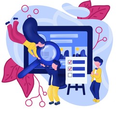 Flat illustration of office staff isolated on a white background. Original illustration of workers with a laptop. Stock illustration of the workflow in the office. Search for errors in work