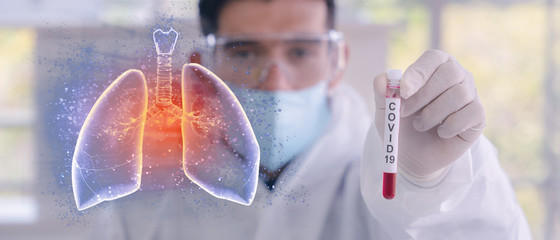 double exposure of coronavirus covid-19 infected blood sample in sample tube in hand of scientist...