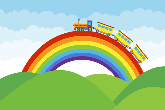 Children's train rides on a rainbow. Children's toy train rides on a cartoon rainbow. Vector, cartoon illustration of a train toy.