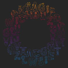 Animal alphabet. Zoo alphabet. Letters from A to Z. Cartoon cute animals. Elephant, dog, flamingo, giraffe, horse, alligator, bear, cat.