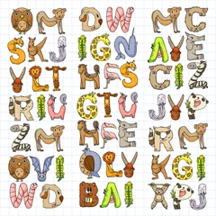 Fotobehang Alfabet Dierlijk alfabet. Dierentuin alfabet. Brieven van A tot Z. Cartoon schattige dieren. Olifant, hond, flamingo, giraf, paard, alligator, beer, kat.