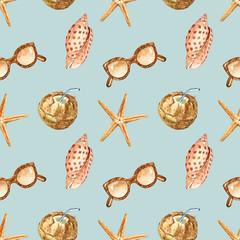 Summer nautical style seamless pattern with vacation vibes. Watercolor starfish, seashell, coconut cocktail, sunglasses on pastel blue background. Summer mood repeat print