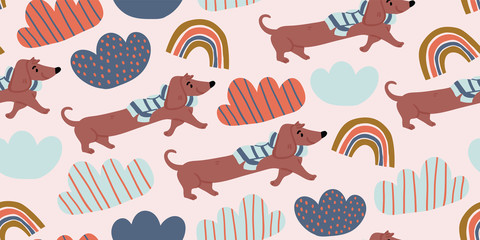 Vector seamless pattern with cute dachshund dogs