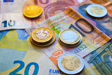 Euro and Pound banknotes and coins