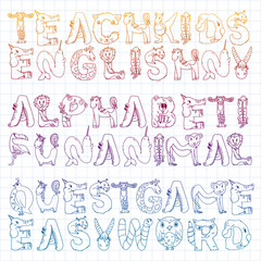 Animal alphabet. Zoo alphabet. Letters from A to Z. Cartoon cute animals. Elephant, dog, flamingo, giraffe, horse, alligator, bear, cat.