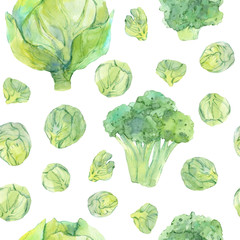 Seamless pattern with watercolor hand painted fresh cabbage, broccoli and brussels sprouts