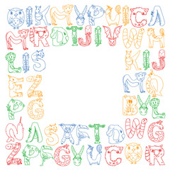 Animal alphabet. Zoo alphabet. Letters from A to Z. Cartoon cute animals. Elephant, dog, flamingo, giraffe, horse, alligator, bear, cat.