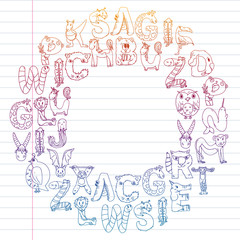 Animal alphabet. Zoo alphabet. Letters from A to Z. Cartoon cute animals. Elephant, dog, flamingo, giraffe, horse, alligator, bear, cat.