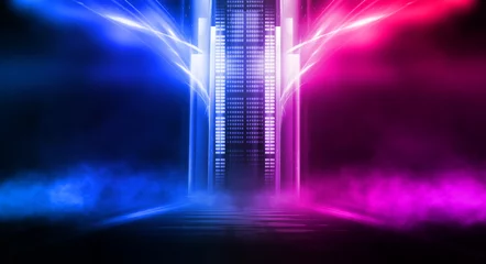 Poster Empty stage, blue and pink, purple  neon, abstract background. Rays of searchlights, light, abstract tunnel, corridor. Dark futuristic background, smoke, smog. © MiaStendal
