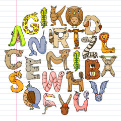 Animal alphabet. Zoo alphabet. Letters from A to Z. Cartoon cute animals. Elephant, dog, flamingo, giraffe, horse, alligator, bear, cat.