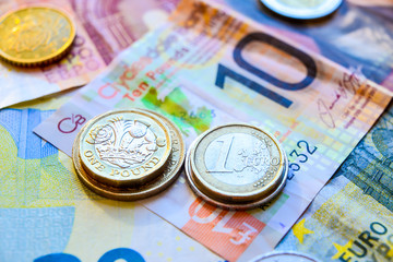Euro and Pound banknotes and coins
