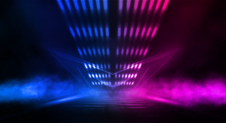 Empty stage, blue and pink, purple  neon, abstract background. Rays of searchlights, light, abstract tunnel, corridor. Dark futuristic background, smoke, smog.