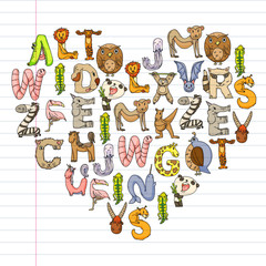 Animal alphabet. Zoo alphabet. Letters from A to Z. Cartoon cute animals. Elephant, dog, flamingo, giraffe, horse, alligator, bear, cat.