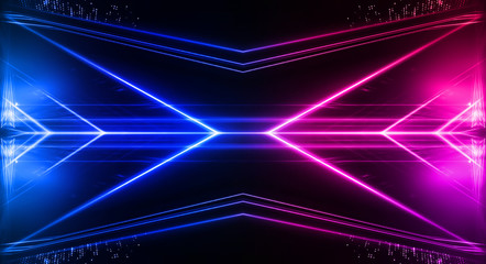 Empty stage, blue and pink, purple  neon, abstract background. Rays of searchlights, light, abstract tunnel, corridor. Dark futuristic background, smoke, smog.