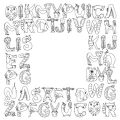 Fototapeta na wymiar Animal alphabet. Zoo alphabet. Letters from A to Z. Cartoon cute animals. Elephant, dog, flamingo, giraffe, horse, alligator, bear, cat.