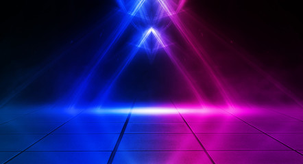Empty stage, blue and pink, purple  neon, abstract background. Rays of searchlights, light, abstract tunnel, corridor. Dark futuristic background, smoke, smog.