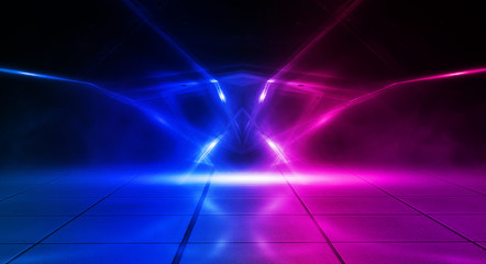 Empty stage, blue and pink, purple  neon, abstract background. Rays of searchlights, light, abstract tunnel, corridor. Dark futuristic background, smoke, smog.