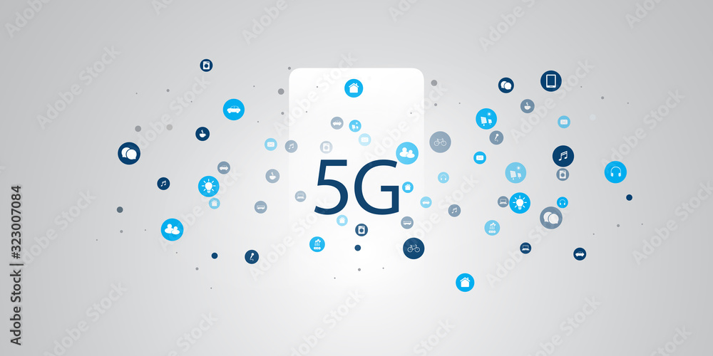 Poster 5g network label with icons representing various kind of devices and services - high speed, broadban