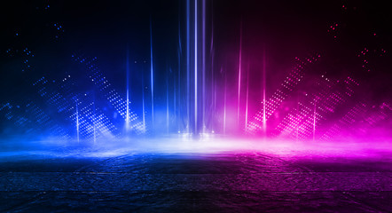Empty stage, blue and pink, purple  neon, abstract background. Rays of searchlights, light, abstract tunnel, corridor. Dark futuristic background, smoke, smog. - obrazy, fototapety, plakaty