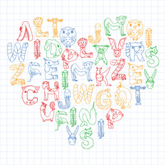 Animal alphabet. Zoo alphabet. Letters from A to Z. Cartoon cute animals. Elephant, dog, flamingo, giraffe, horse, alligator, bear, cat.