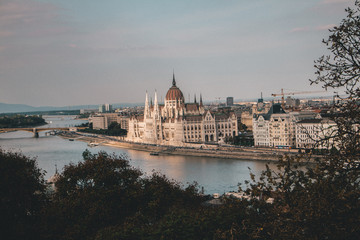 Fototapeta na wymiar Budapest Parliament House sunset grainy vintage