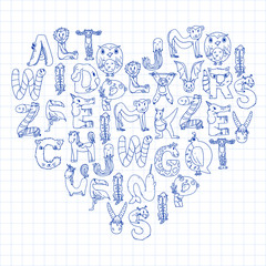 Animal alphabet. Zoo alphabet. Letters from A to Z. Cartoon cute animals. Elephant, dog, flamingo, giraffe, horse, alligator, bear, cat.