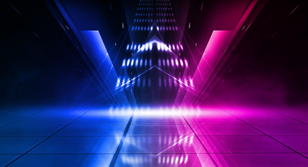 Fototapeta premium Empty stage, blue and pink, purple neon, abstract background. Rays of searchlights, light, abstract tunnel, corridor. Dark futuristic background, smoke, smog.