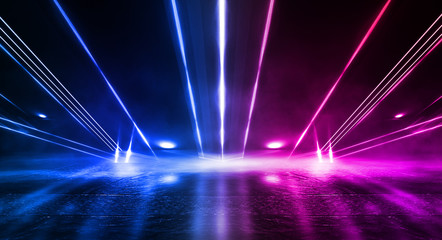 Empty stage, blue and pink, purple  neon, abstract background. Rays of searchlights, light, abstract tunnel, corridor. Dark futuristic background, smoke, smog.