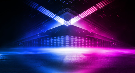 Fototapeta na wymiar Empty stage, blue and pink, purple neon, abstract background. Rays of searchlights, light, abstract tunnel, corridor. Dark futuristic background, smoke, smog.