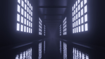 dark corridor with bright windows 3d render 