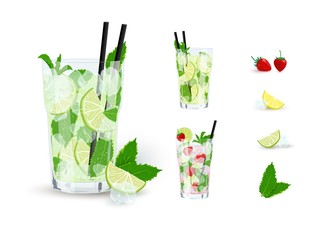 Vector collection of Mojito cocktails with ingredients isolated on white background. Classic and strawberry Mojito, lemonade set. Design elements for card, flyers, menu, bar, posters.
