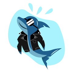 shark with glasses. shark smiles. shark in a leather jacket.  