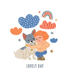 Illustration of child with french bulldog puppy