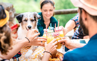Happy friends toasting healthy orange fruit juice at countryside picnic - Friendship concept with alternative people having fun together with family dog on afternoon relax time - Vivid bright filter