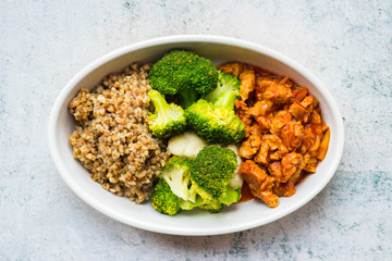 Vegan healthy dietary food lunch dinner. Salad, legumes, grain, vegetables, veggies. Top above flat view 