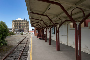 Naklejka na ściany i meble Omarama Victorian town South Island New Zealand. Trainstation harbourside. railway