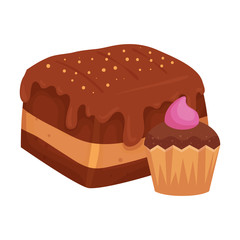 cake chocolate with cupcake isolated icon vector illustration design