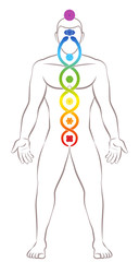 Kundalini yoga. Meditating standing man with chakras and Kundalini serpent, symbolic for spirituality, balance, harmony, relaxation and healing power. Vector illustration on white.