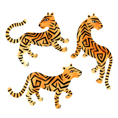 Fototapeta na wymiar Watercolor tigers set. Hand painted exotic animals illustration.