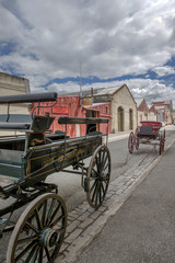 Omarama Victorian town South Island New Zealand. Street with horsedrawn carriages