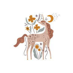 Cute isolated stylish boho moon unicorn composition. Good night concept. Magical animals. Pastel colors. Pony nursery print. Vector