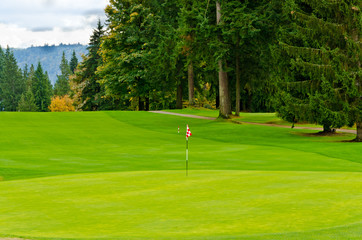 Obraz premium Golf course with gorgeous green and golf flag.
