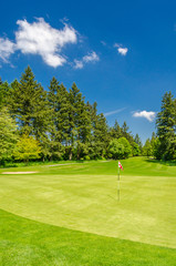 Obraz premium Golf course with gorgeous green and flag.