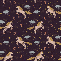 Cute isolated stylish boho unicorns seamless pattern design. Good night concept. Magical animals. Pastel colors. Pony nursery print. Vector